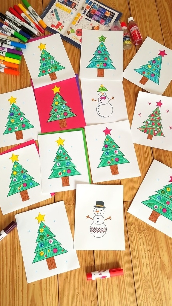 Handmade Christmas Cards for Kids A variety of handmade Christmas cards with festive drawings, displayed with crafting supplies on a table.